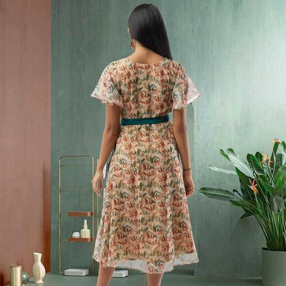 Cream Printed Chiffon Knee-Length Dress | Muvvas Boutique - Picture 5 of 5